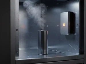 Lithium battery cell emitting pale gas inside an industrial cabinet, with a wall-mounted sensor detecting early thermal runaway warning signs.