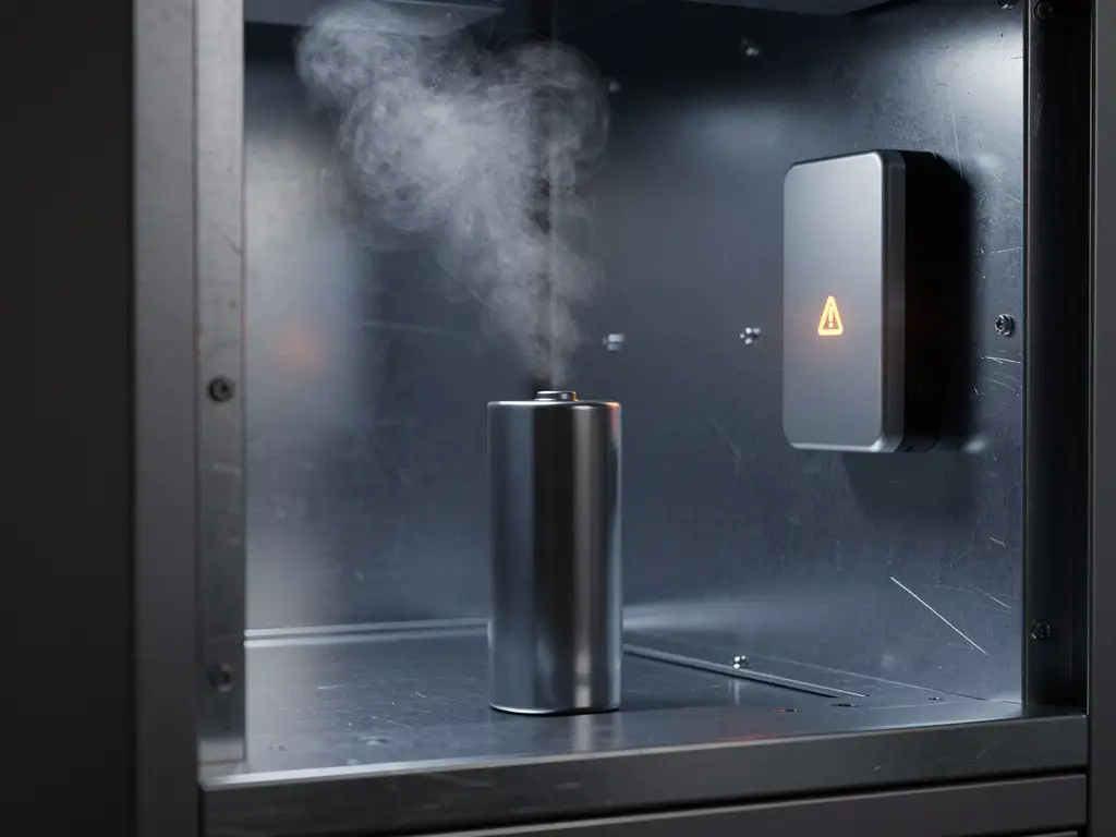Lithium battery cell emitting pale gas inside an industrial cabinet, with a wall-mounted sensor detecting early thermal runaway warning signs.