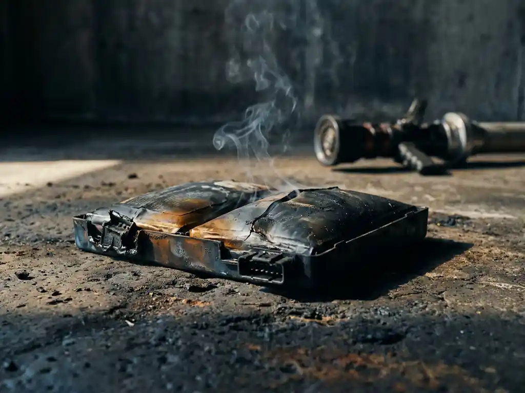 Swollen, heat-damaged lithium-ion battery pack on scorched concrete, white smoke rising from a cracked cell, fire suppression nozzle visible overhead.
