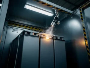 Lithium-ion battery cell emitting white smoke inside an industrial cabinet with a suppression nozzle aimed at the source.