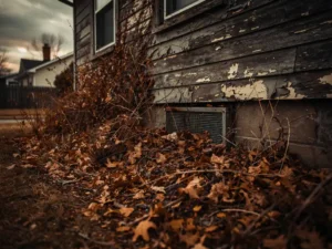 Overgrown dry vegetation and brittle leaves piled against weathered wooden siding near a debris-blocked vent screen on a neglected home exterior.