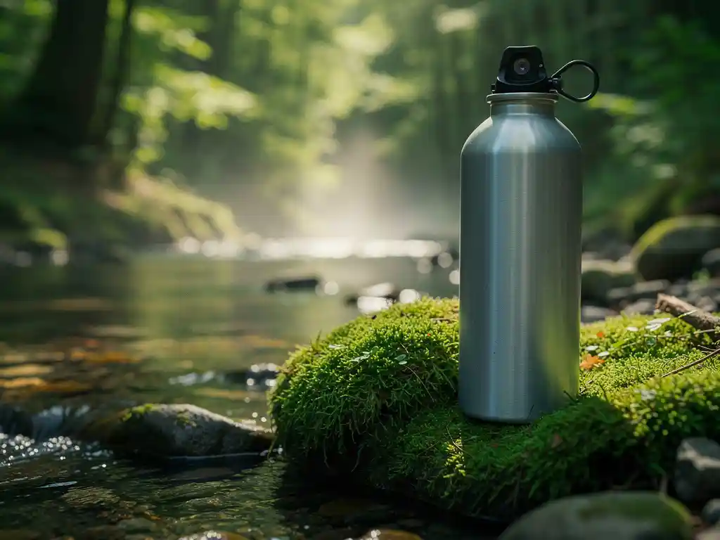 Nitrogen canister resting on moss beside a clear forest stream, dappled light filtering through tree canopy.