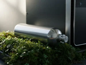 Nitrogen canister resting on green moss beside a black server rack, cool silver metal contrasting with organic texture in soft natural daylight.