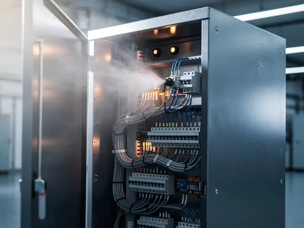 Open industrial electrical cabinet with dense cable bundles, circuit components, and nitrogen gas mist dispersing inside brushed steel interior.