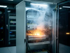 Open electrical cabinet with nitrogen gas mist dispersing around dense wiring and circuit components in a dimly lit server room.