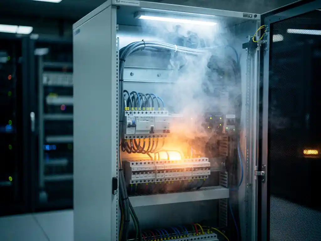 Open electrical cabinet with nitrogen gas mist dispersing around dense wiring and circuit components in a dimly lit server room.