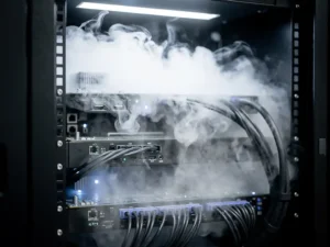 White nitrogen gas cloud billowing inside an open black server rack, cooling glowing rack-mounted electronics in cool blue and white tones.