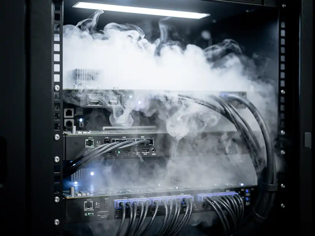 White nitrogen gas cloud billowing inside an open black server rack, cooling glowing rack-mounted electronics in cool blue and white tones.