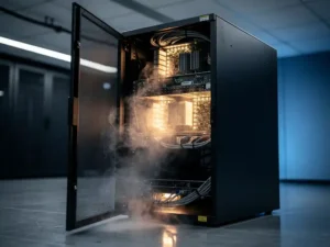 Open server cabinet in a dark data center with nitrogen gas mist dispersing around glowing rack-mounted circuit boards and electronics.