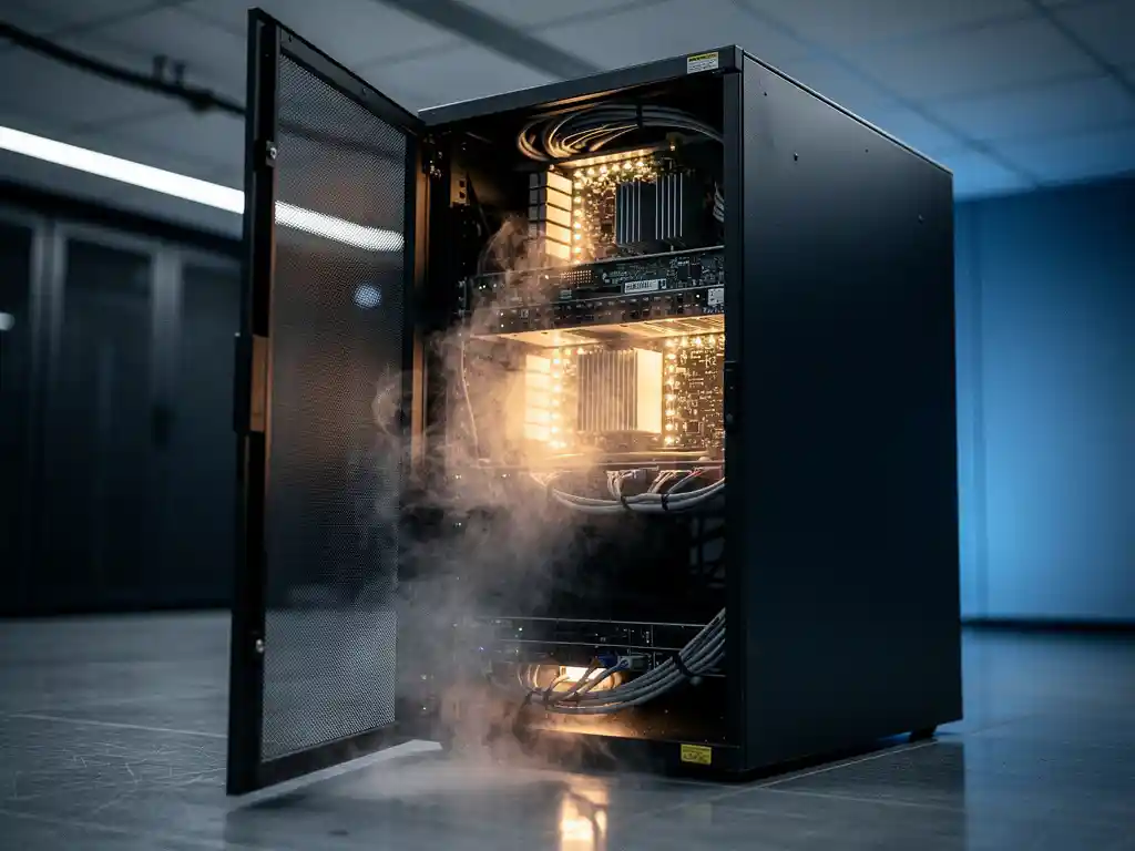 Open server cabinet in a dark data center with nitrogen gas mist dispersing around glowing rack-mounted circuit boards and electronics.