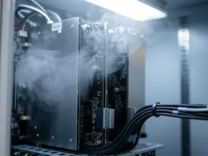 Server cabinet interior after nitrogen discharge, with thin wisps of colorless gas dissipating over clean black circuit boards and metal components.