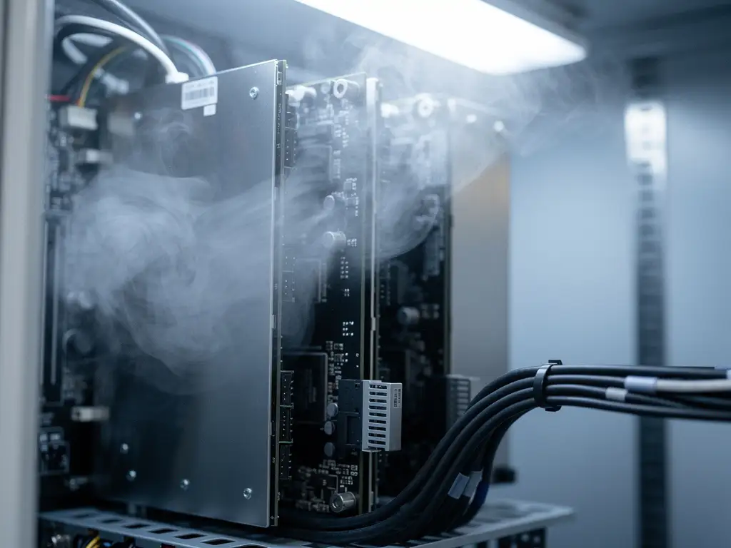 Server cabinet interior after nitrogen discharge, with thin wisps of colorless gas dissipating over clean black circuit boards and metal components.