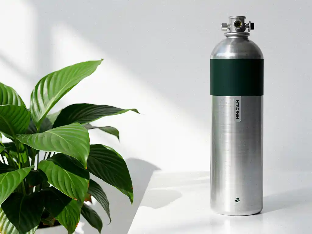 Nitrogen fire suppression canister beside a green plant on a white industrial surface, highlighting eco-friendly fire safety.