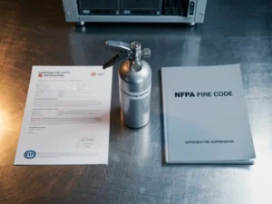 European fire safety certification document and NFPA code manual flanking a nitrogen suppression canister on steel, server cabinet blurred behind.