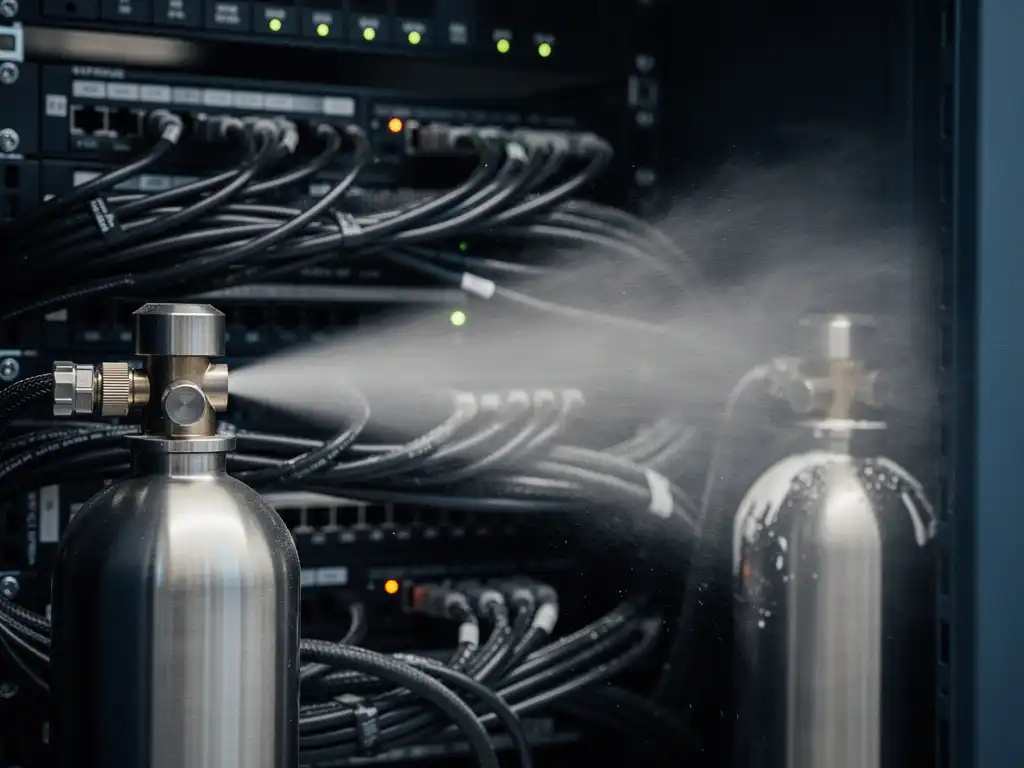 Steel fire suppression nozzle releasing nitrogen mist inside a dark server cabinet with dense cables and glowing indicator lights.