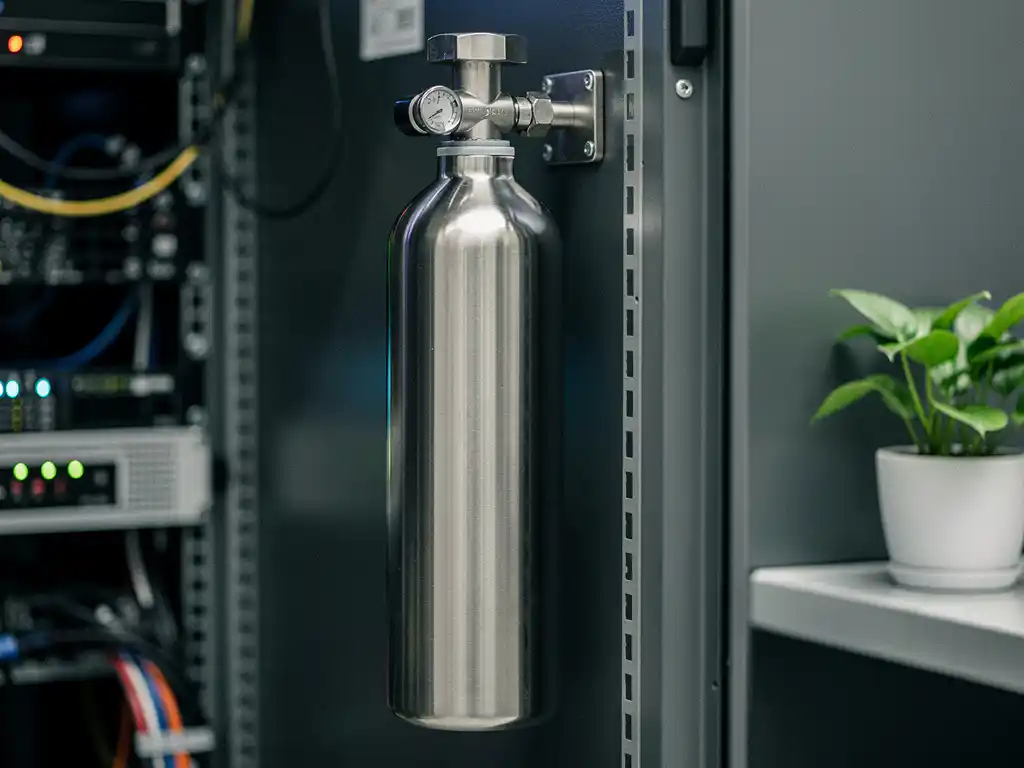 Nitrogen fire suppression canister mounted inside an open server cabinet, with a small green plant on a nearby shelf.