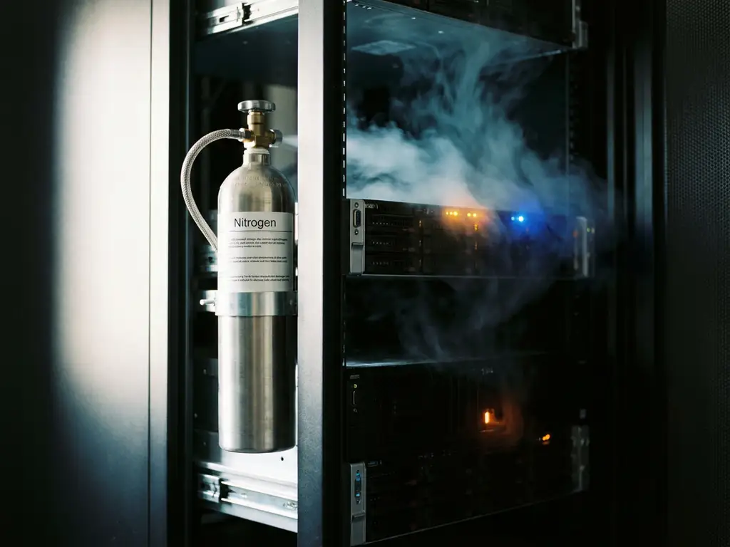 Nitrogen fire suppression canister inside an open server cabinet, inert gas dispersing across rack-mounted electronics with an ember glow visible within.
