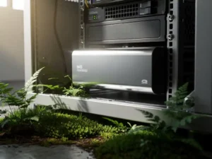 Nitrogen fire suppression unit mounted in open server cabinet surrounded by green moss and small ferns at its base.