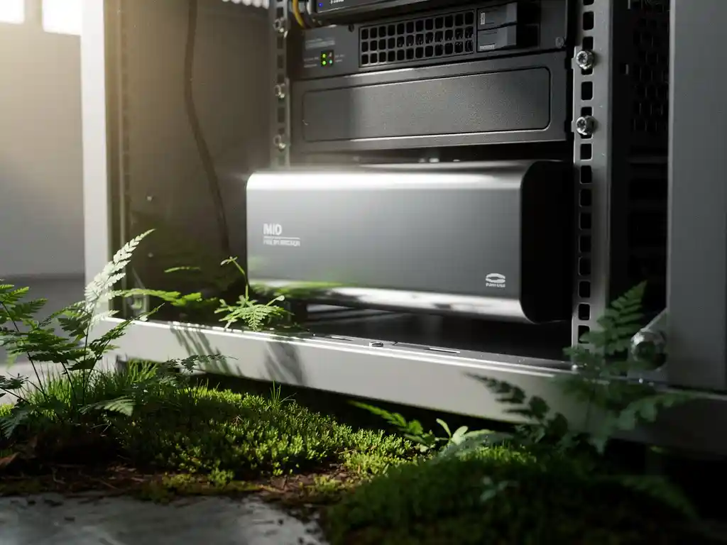 Nitrogen fire suppression unit mounted in open server cabinet surrounded by green moss and small ferns at its base.