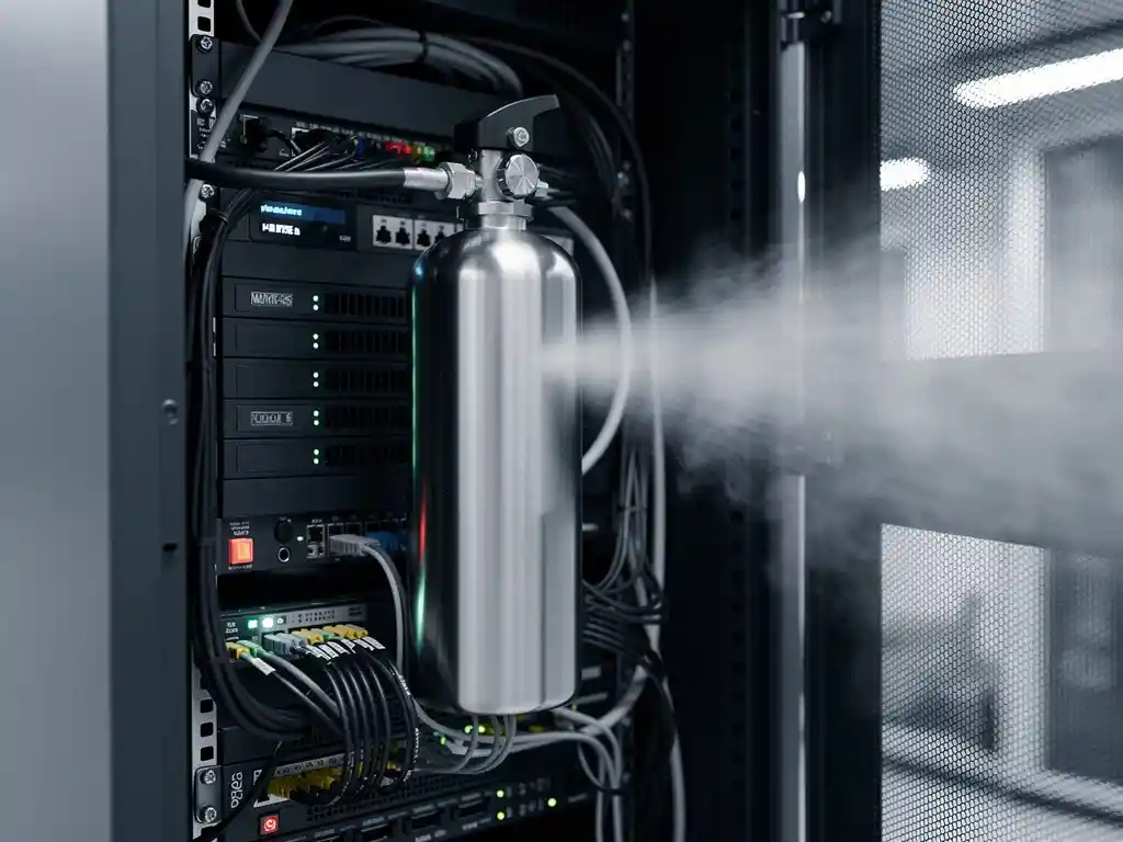 Nitrogen fire suppression canister inside an open server cabinet, white gas dispersing among dense cables and blinking status lights.