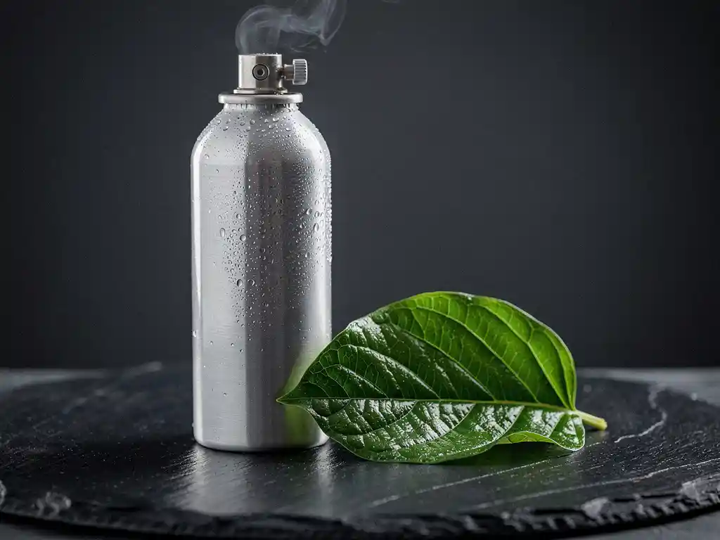 Nitrogen gas canister with condensation beside a fresh green leaf on dark slate surface.