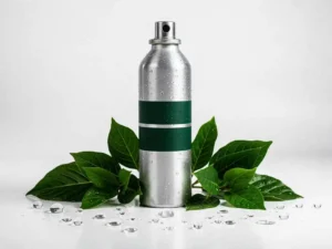Nitrogen gas canister on white lab surface surrounded by green leaves and water droplets, emphasizing purity and clarity.