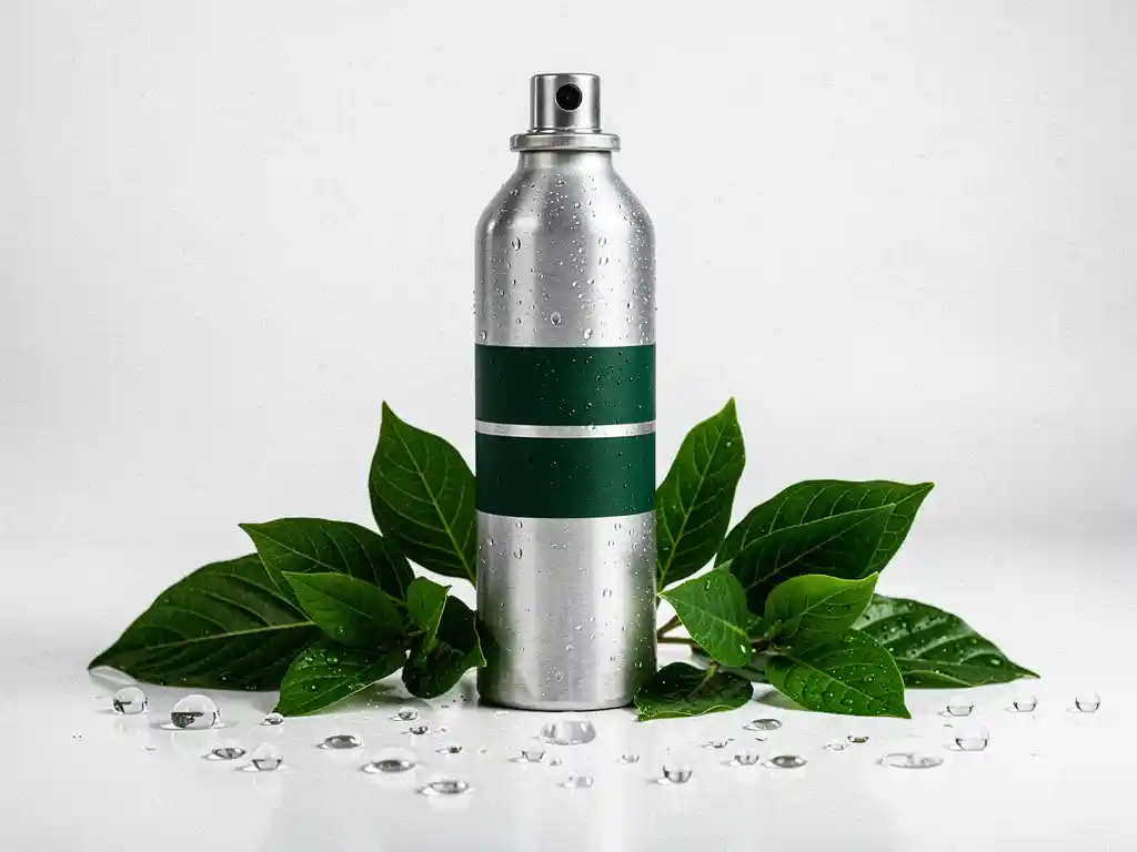 Nitrogen gas canister on white lab surface surrounded by green leaves and water droplets, emphasizing purity and clarity.