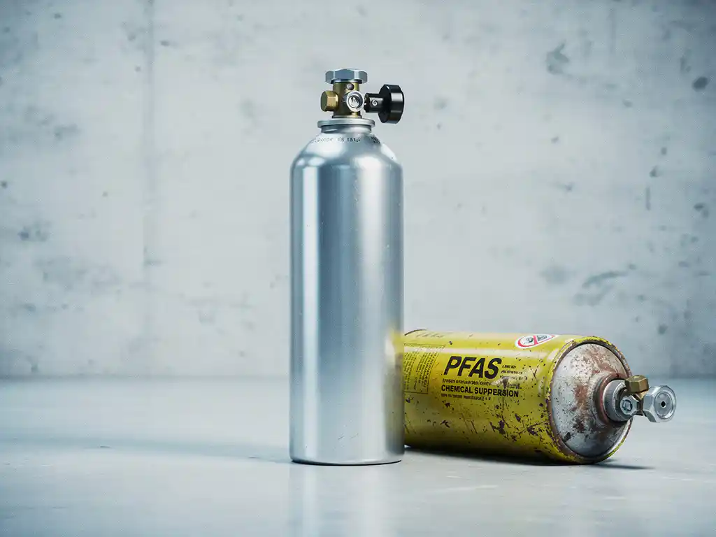 Upright nitrogen gas canister on concrete surface beside a discarded yellow PFAS chemical suppression cylinder, industrial setting.