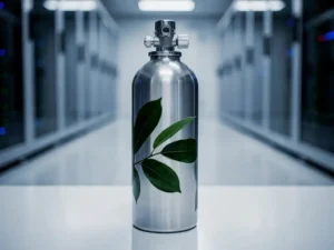 Nitrogen gas canister with green leaf reflections on polished surface, standing in a modern server room with soft bokeh background.