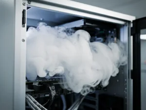 White nitrogen gas cloud billowing inside an open server cabinet, frost condensation forming on black electronics and steel-blue metal surfaces.