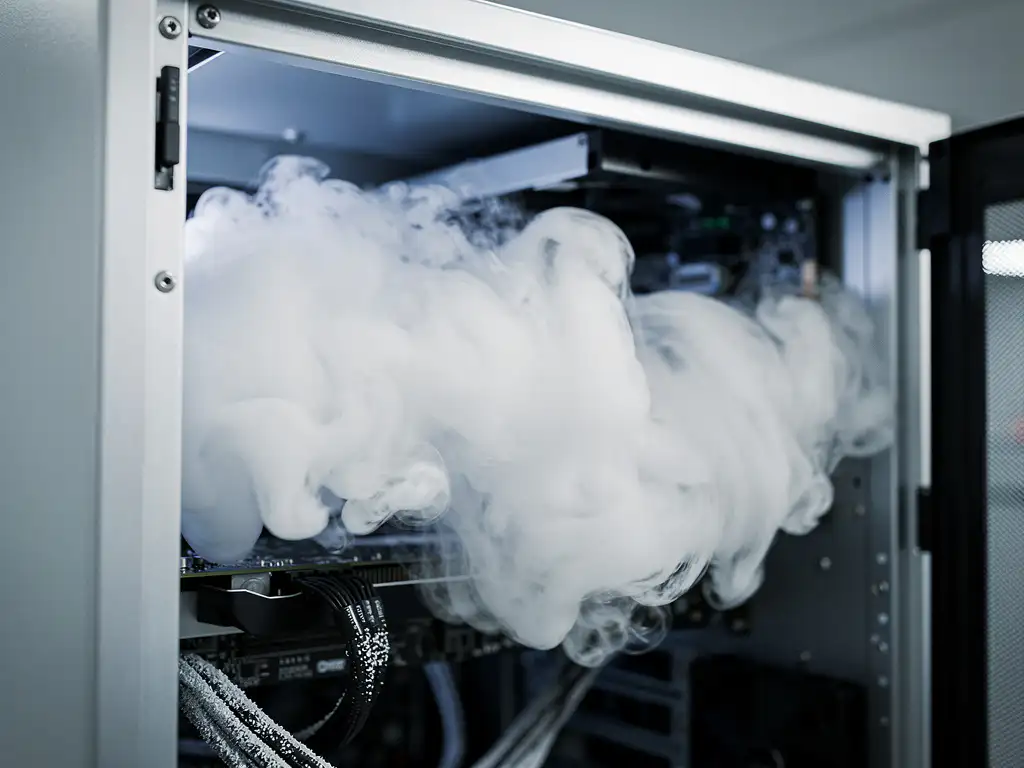 White nitrogen gas cloud billowing inside an open server cabinet, frost condensation forming on black electronics and steel-blue metal surfaces.