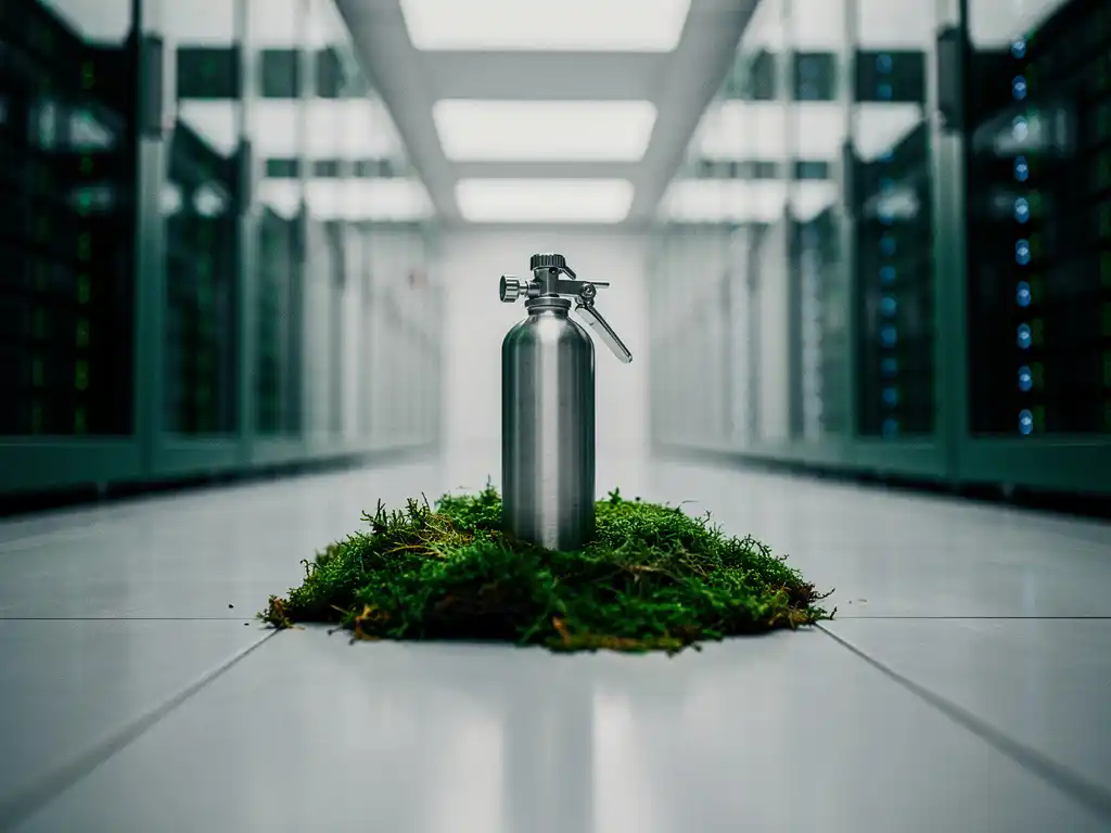 Nitrogen gas suppression canister on fresh green moss in a modern data center corridor with softly blurred server racks behind it.