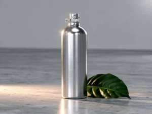 Nitrogen gas suppression canister on polished concrete beside a green leaf, highlighting eco-conscious fire suppression technology.