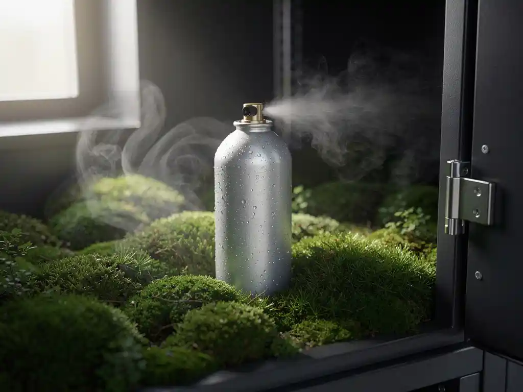 Nitrogen gas suppression canister on fresh green moss inside an industrial cabinet, with cool inert gas wisps dispersing into the air.