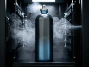 Nitrogen gas suppression canister inside an open server cabinet, with inert gas dispersing around black server racks and an EU certification emblem on the surface.