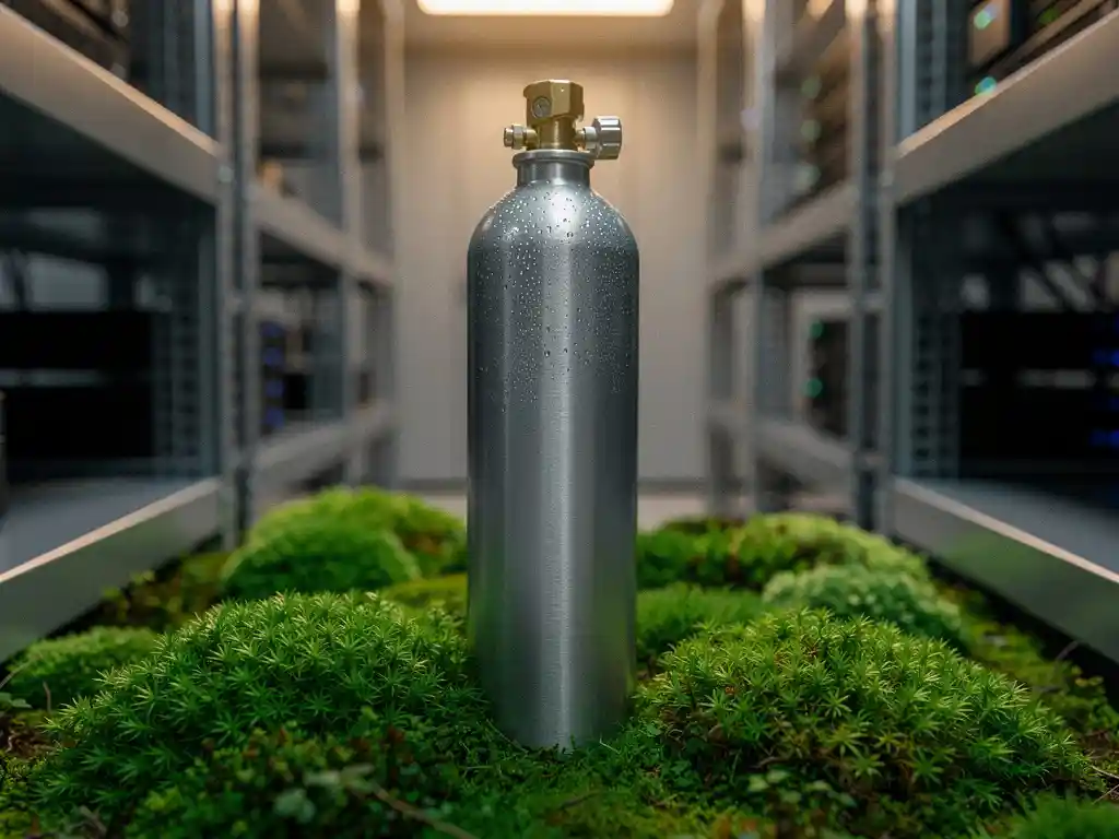 Nitrogen gas suppression canister resting on green moss in a server room, silver steel with condensation against lush natural green.