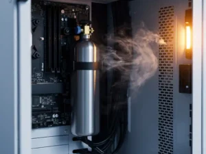 Nitrogen gas suppression canister inside an open server cabinet, inert gas dispersing around black server hardware under amber emergency lighting.