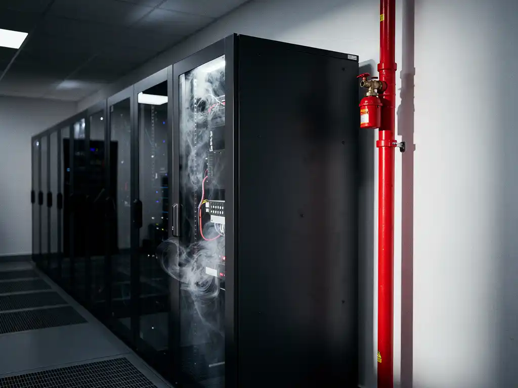 Black server cabinet with clean nitrogen gas suppression system beside red fire sprinkler pipes in a modern data center.