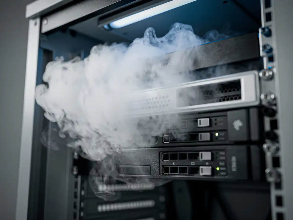 White nitrogen gas cloud filling an open server cabinet, clean metallic rack components visible through soft wisps of inert gas dissipating into the air.