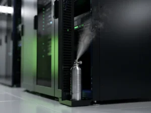 Black server rack in a data center with nitrogen gas suppression canister at its base, green ambient light reflecting off steel surfaces.