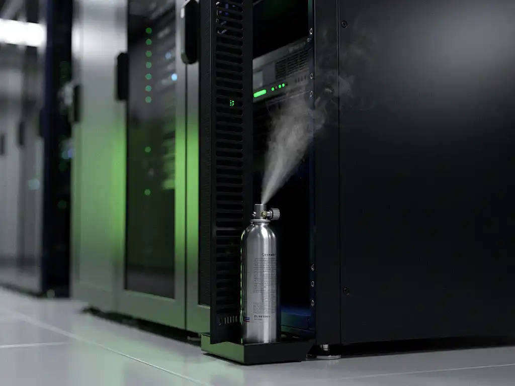 Black server rack in a data center with nitrogen gas suppression canister at its base, green ambient light reflecting off steel surfaces.