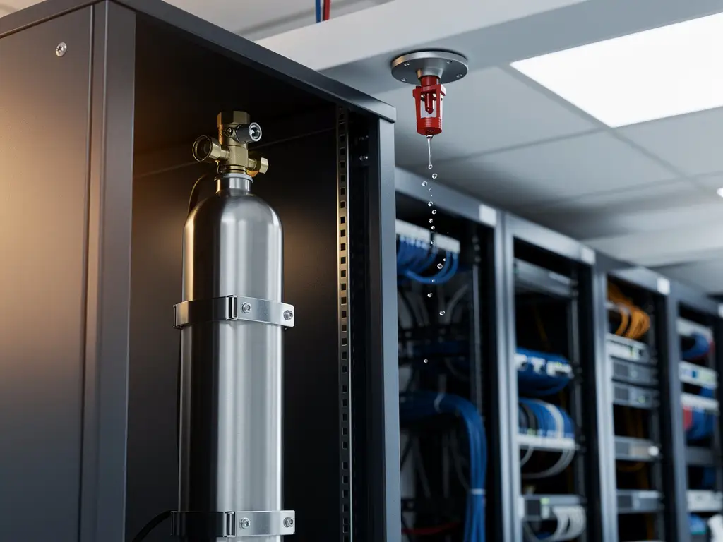 Nitrogen gas suppression canister inside a server cabinet next to an overhead water sprinkler, comparing fire suppression systems in a data center.