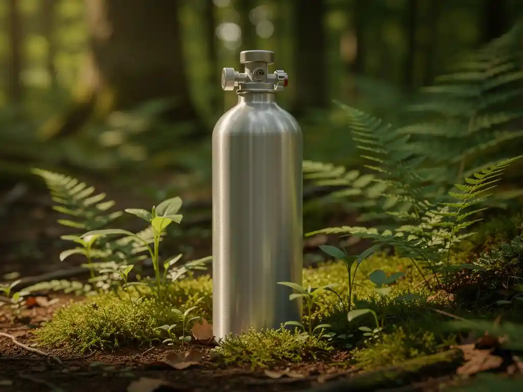 Nitrogen gas suppression canister upright on a mossy forest floor, surrounded by young ferns, steel cylinder contrasting with lush green vegetation.