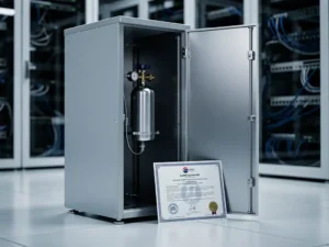 Industrial electrical cabinet in a server room with a nitrogen gas suppression canister mounted inside and a certification document at its base.