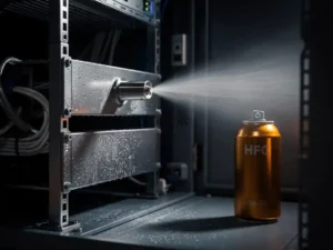 Stainless steel suppression nozzle releasing nitrogen gas inside a dark server cabinet, with an amber HFC canister on the floor beside it.