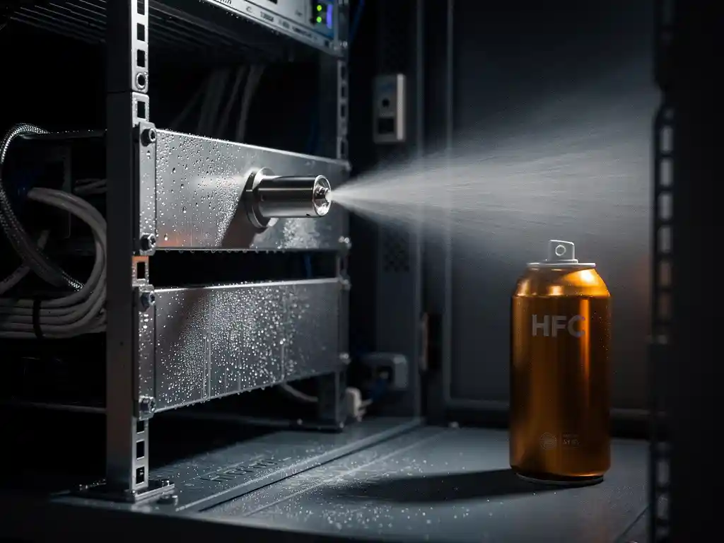 Stainless steel suppression nozzle releasing nitrogen gas inside a dark server cabinet, with an amber HFC canister on the floor beside it.