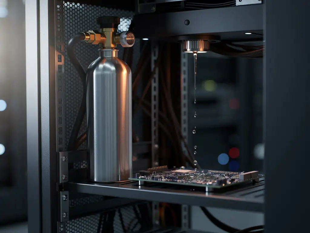 Nitrogen suppression canister in a server cabinet beside a sprinkler head dripping water onto a circuit board, dramatic side lighting.