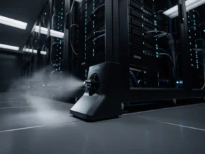 Black server rack in a data center with a suppression nozzle releasing nitrogen mist, blinking servers receding into darkness behind it.