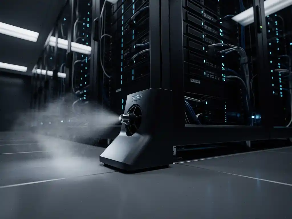 Black server rack in a data center with a suppression nozzle releasing nitrogen mist, blinking servers receding into darkness behind it.