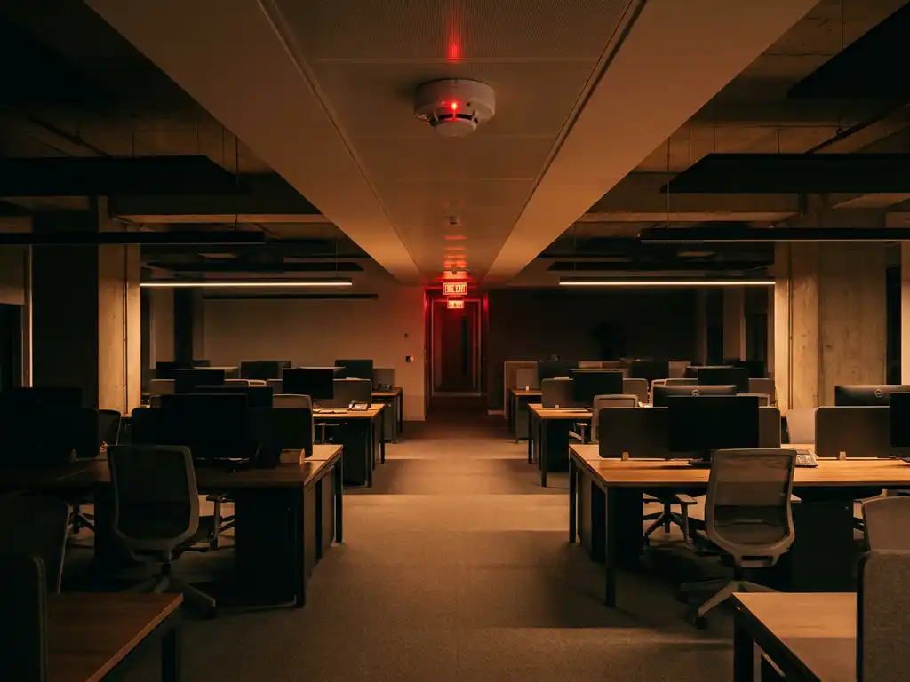 Smoke detector on office ceiling above open-plan workstations, with red fire exit sign glowing in background under amber emergency lighting.